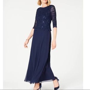 Alex Evening Sequined Lace Top Gown - Navy Blue
